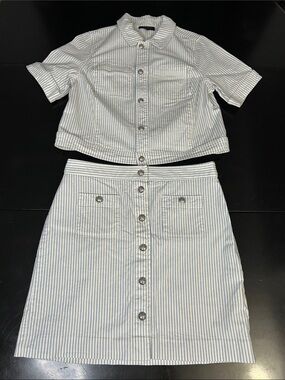 Talbots Blue and White Striped Button-Front chrome button denim jacket Skirt Set